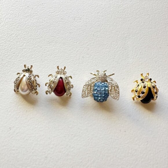 Rhinestone Fly Beatle Bug Hat Scarf Pins Lapel Clips Set of 4 Art to Wear Boho - Picture 1 of 12
